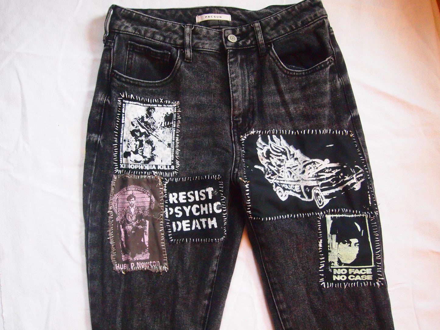 Custom Distressed Vintage Punk Patched Black Mom Jeans Sz 26