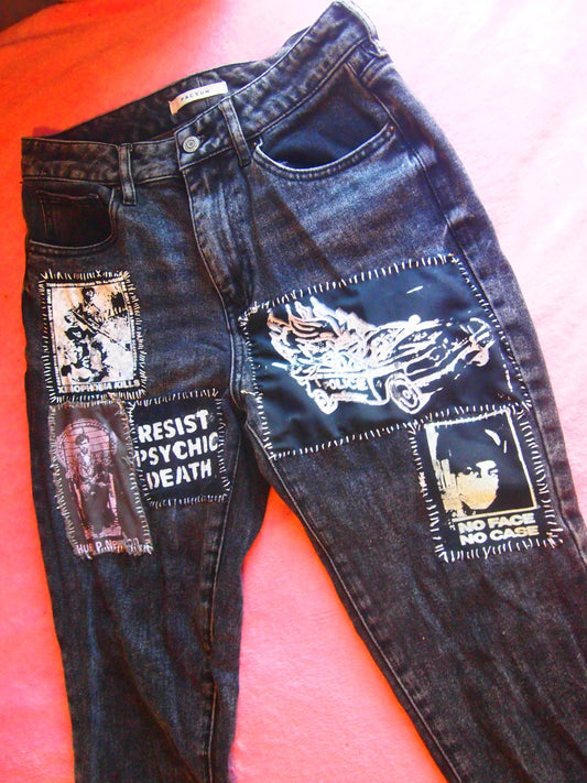 Custom Distressed Vintage Punk Patched Black Mom Jeans Sz 26