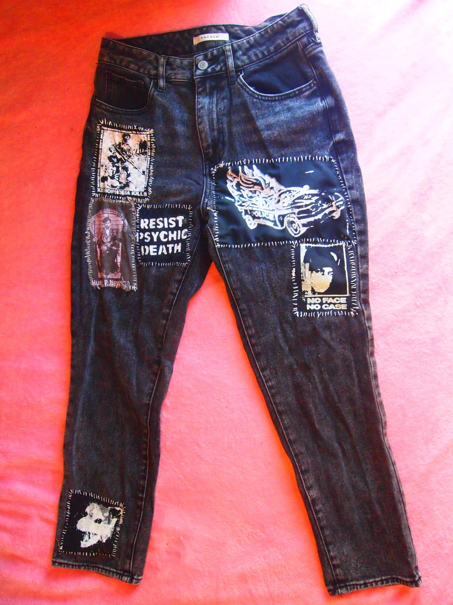 Custom Distressed Vintage Punk Patched Black Mom Jeans Sz 26