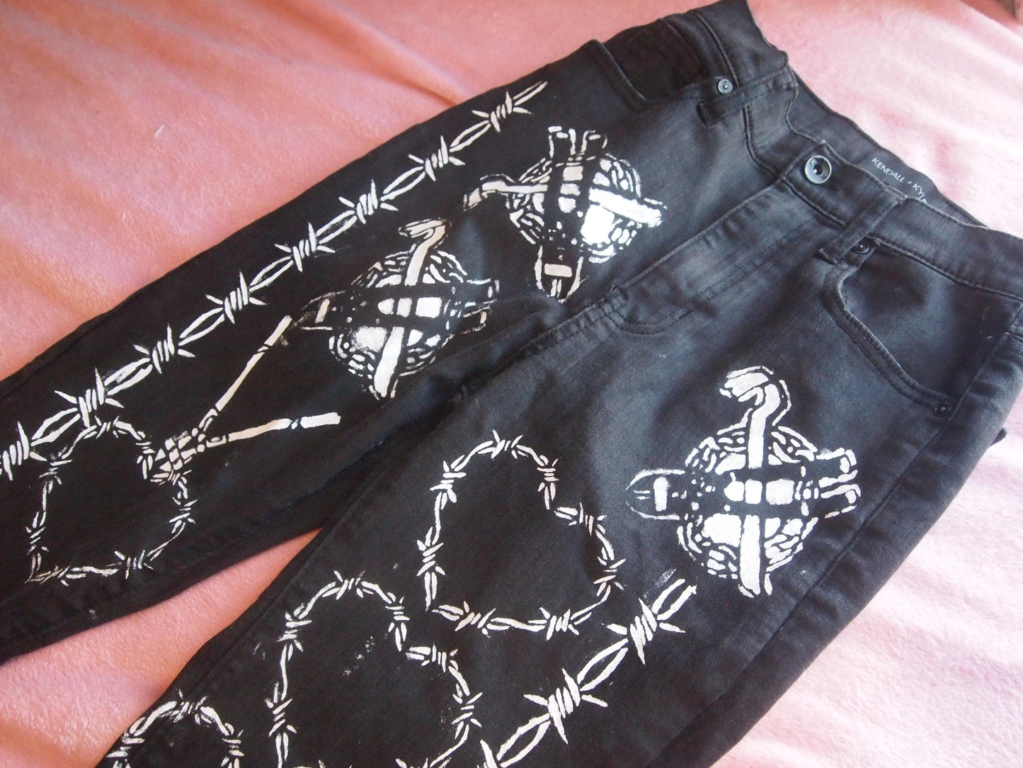 Barbed Wire Custom Punk Painted Black Waxed Jeans Pants Sz 27 - Handmade Crust Hand Stitched DIY Customized 1 of 1 Upcycled Recycled