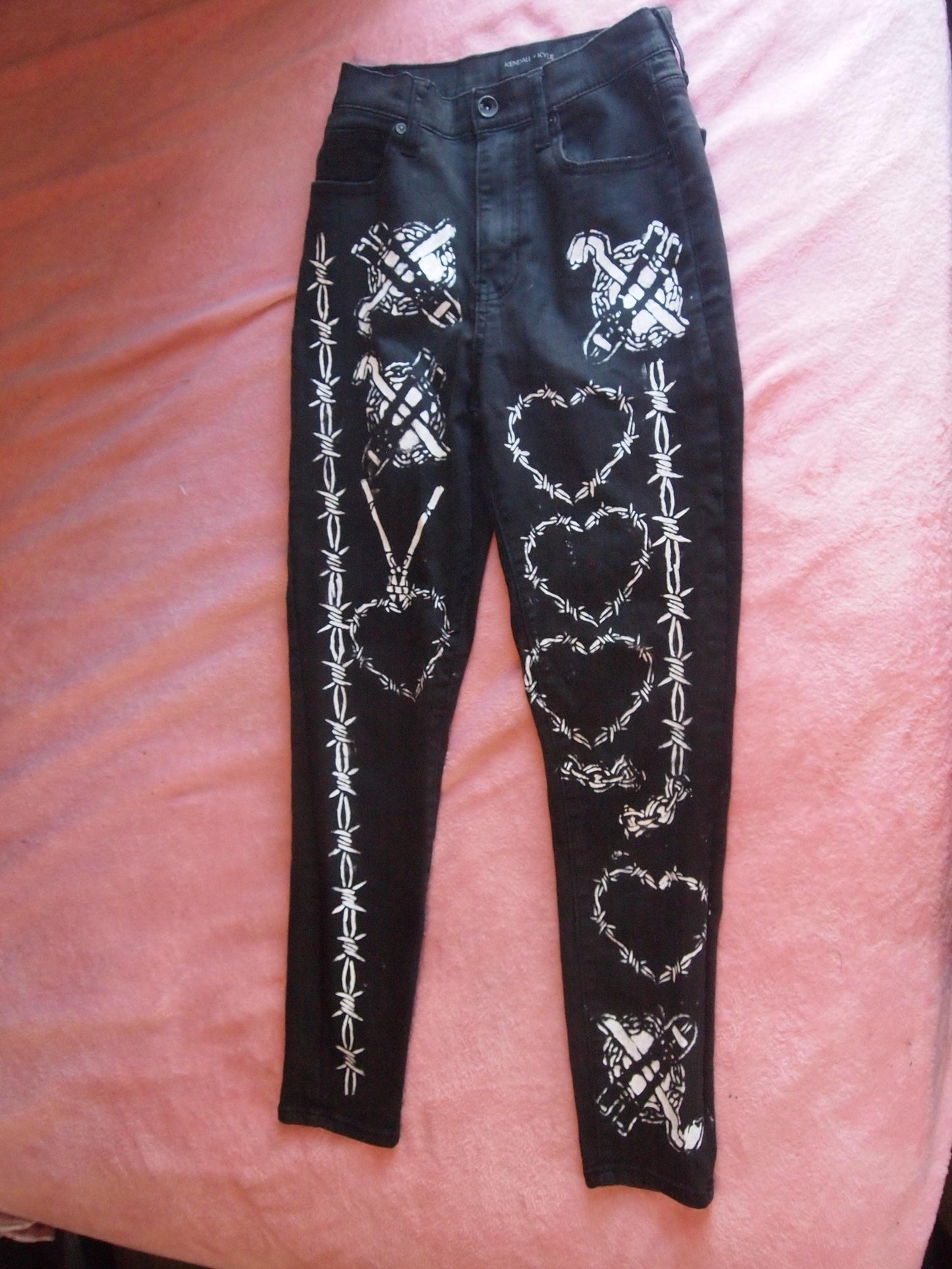 Barbed Wire Custom Punk Painted Black Waxed Jeans Pants Sz 27 - Handmade Crust Hand Stitched DIY Customized 1 of 1 Upcycled Recycled