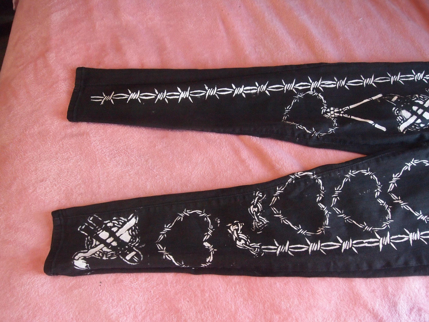 Barbed Wire Custom Punk Painted Black Waxed Jeans Pants Sz 27 - Handmade Crust Hand Stitched DIY Customized 1 of 1 Upcycled Recycled