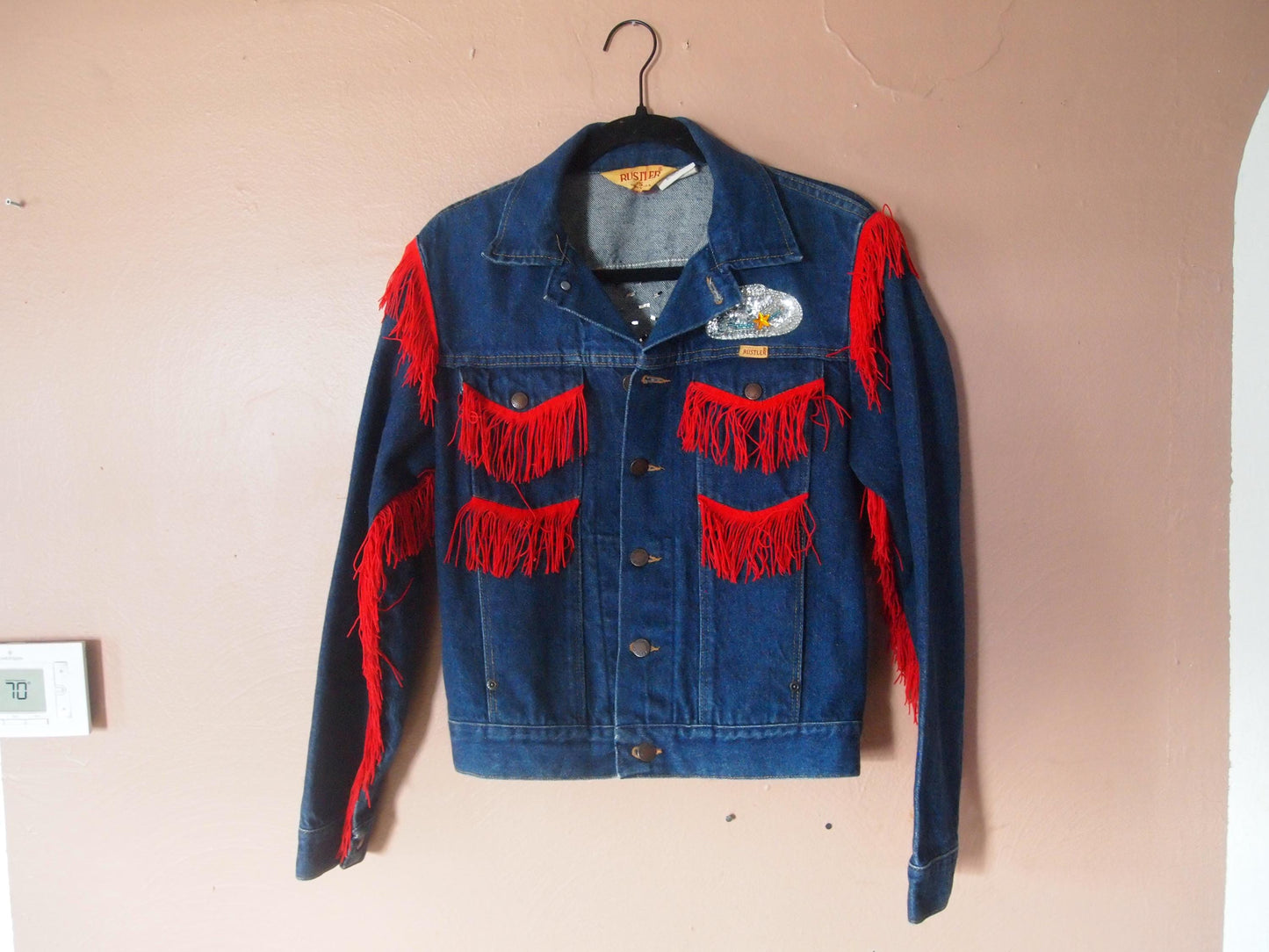 Vintage Studded Rustler Cowboy Fringe Dark Blue Denim Trucker Jacket Sz S Made in USA Western Punk Custom
