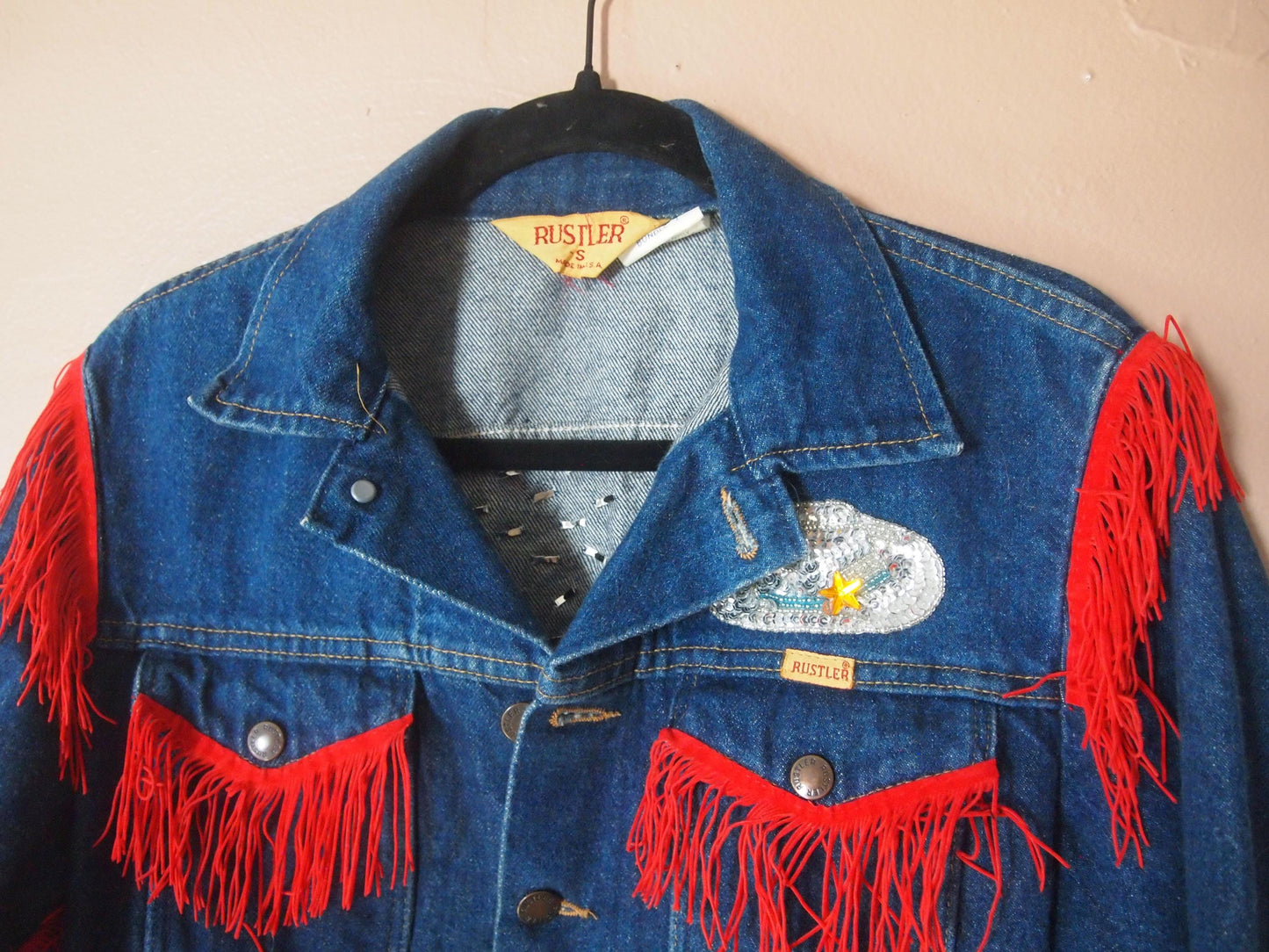Vintage Studded Rustler Cowboy Fringe Dark Blue Denim Trucker Jacket Sz S Made in USA Western Punk Custom