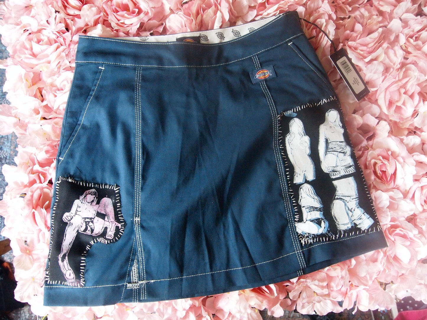 Patched Navy Blue Dickies Skater Skirt Sz 27 Queer Nudies Pinup Art Erotica Patches