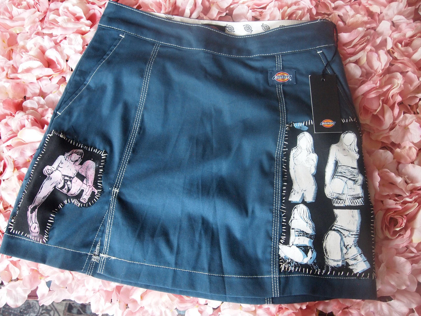 Patched Navy Blue Dickies Skater Skirt Sz 27 Queer Nudies Pinup Art Erotica Patches