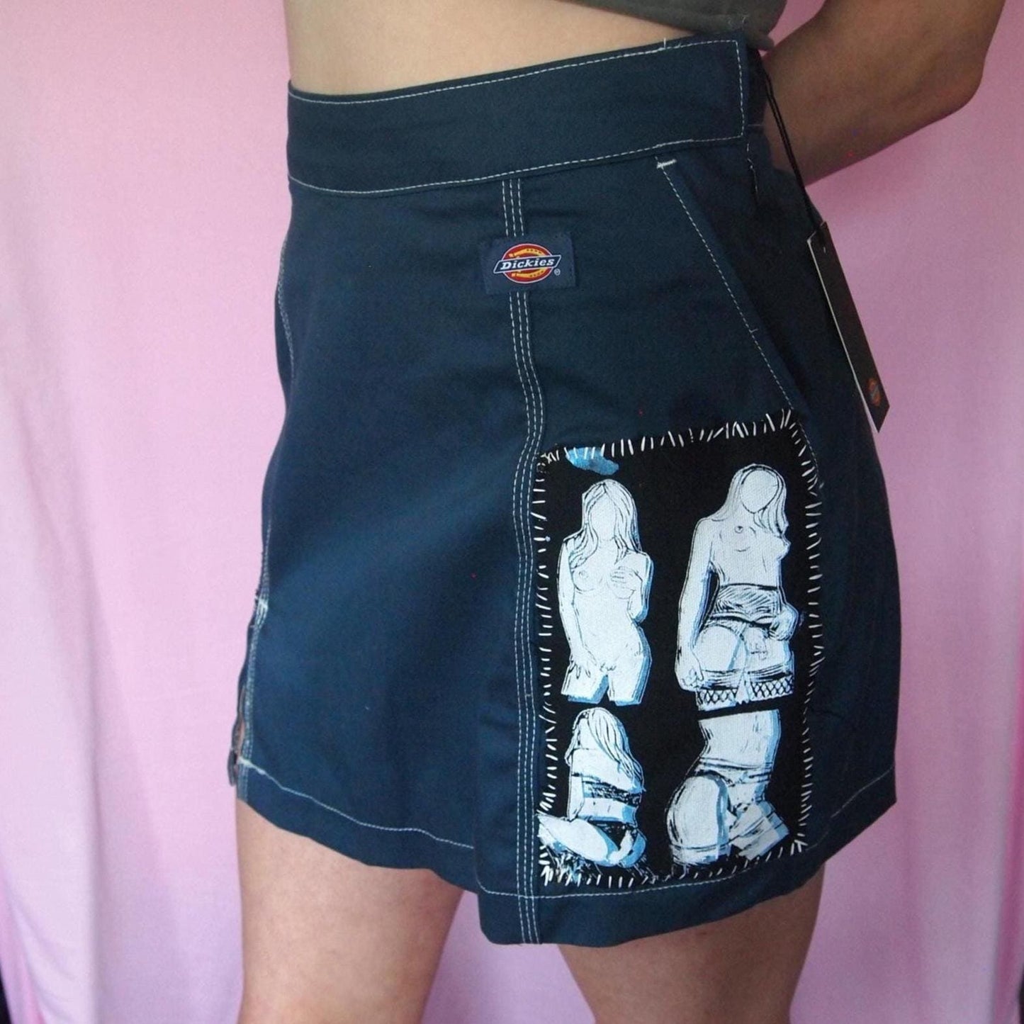 Patched Navy Blue Dickies Skater Skirt Sz 27 Queer Nudies Pinup Art Erotica Patches