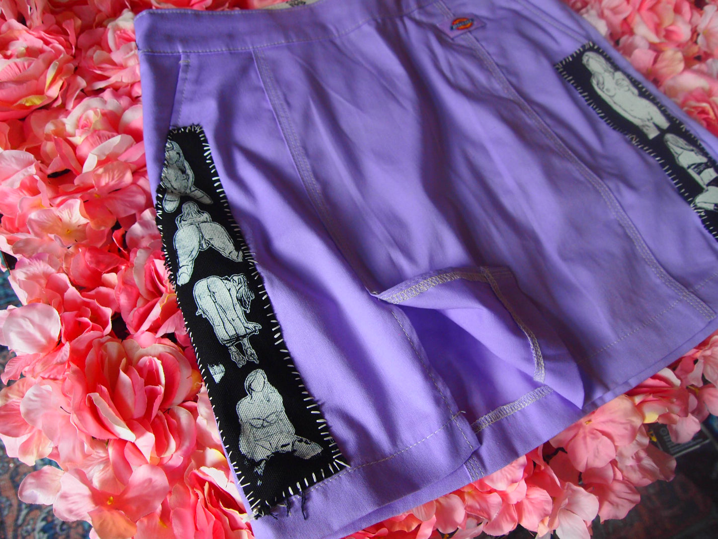 Patched Lilac Purple Dickies Skater Skirt Sz 27 Queer Figure Illustrations Pinup Nude Art Patches