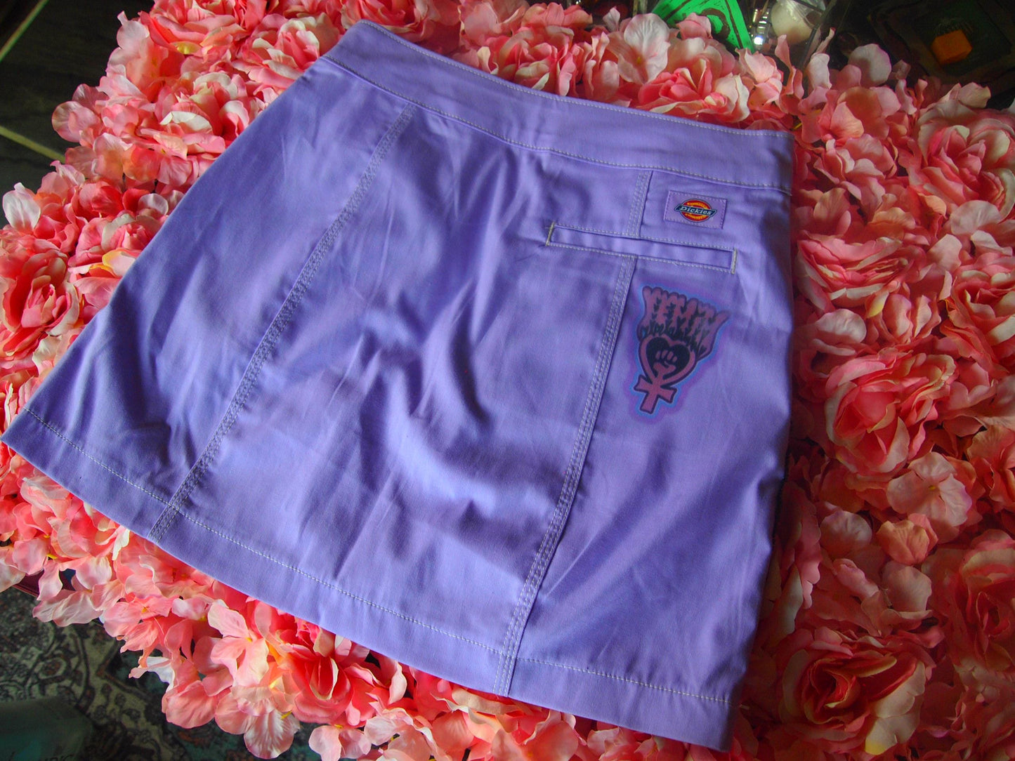 Patched Lilac Purple Dickies Skater Skirt Sz 27 Queer Figure Illustrations Pinup Nude Art Patches