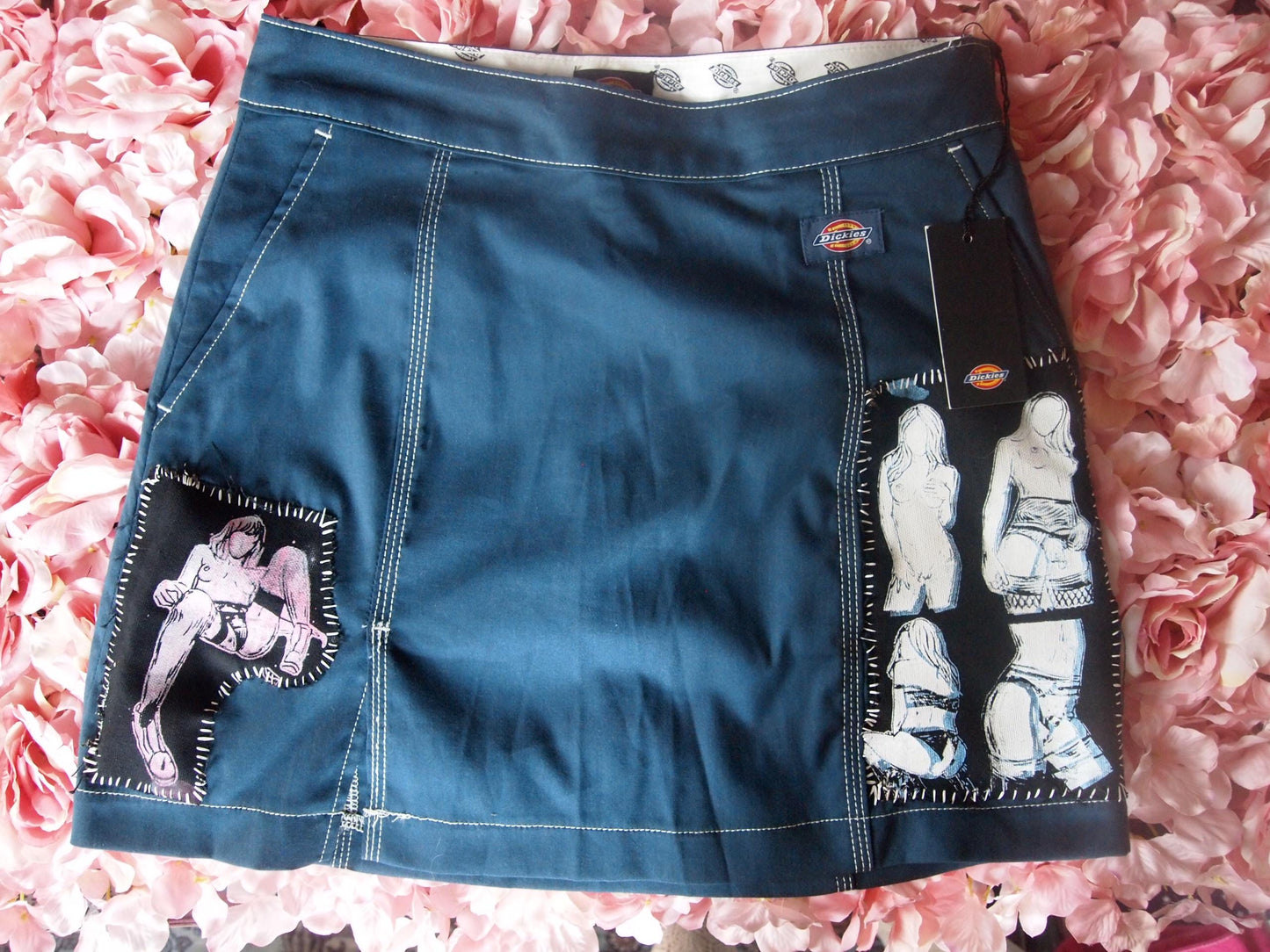 Patched Navy Blue Dickies Skater Skirt Sz 27 Queer Nudies Pinup Art Erotica Patches