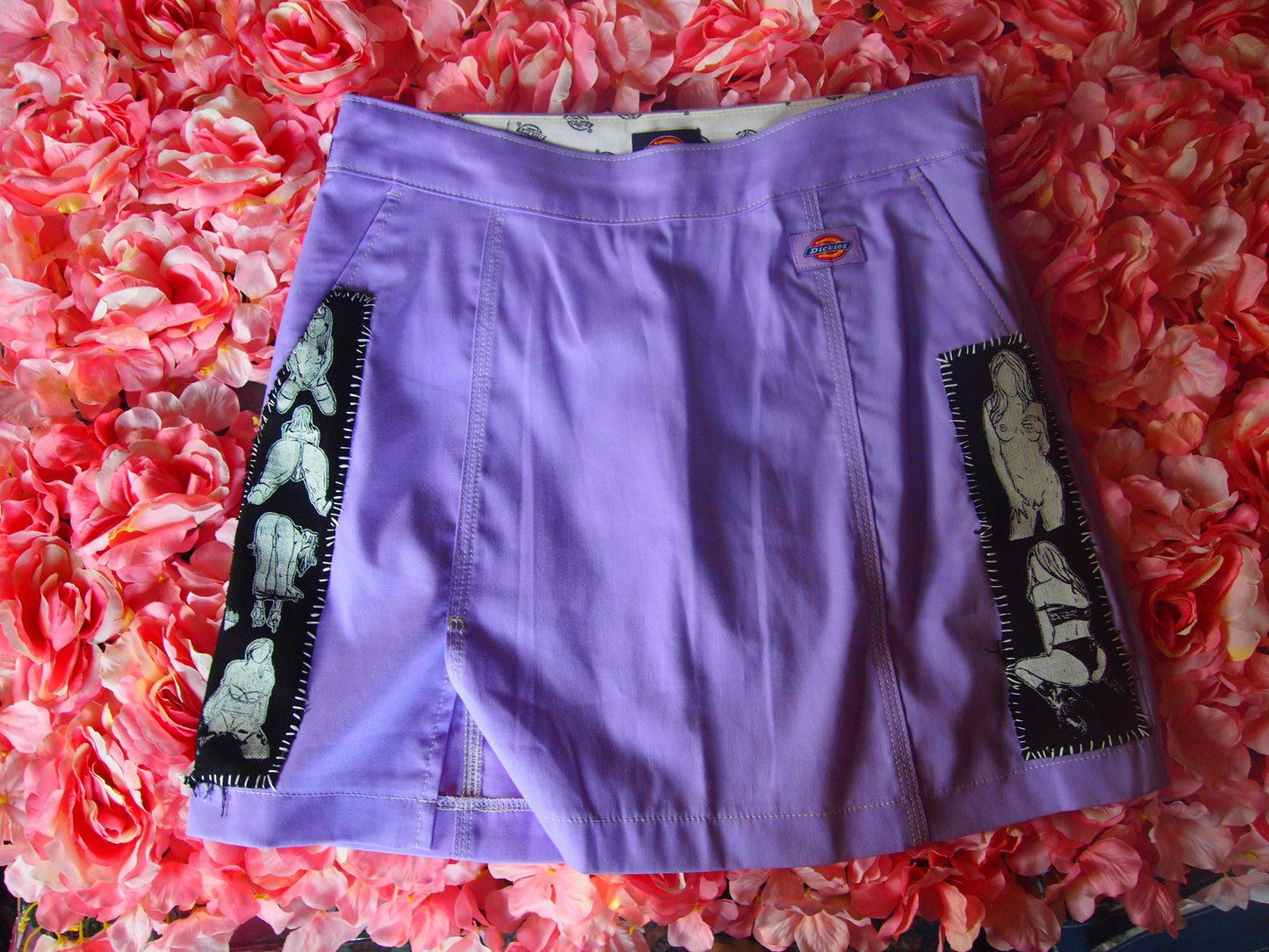 Patched Lilac Purple Dickies Skater Skirt Sz 27 Queer Figure Illustrations Pinup Nude Art Patches