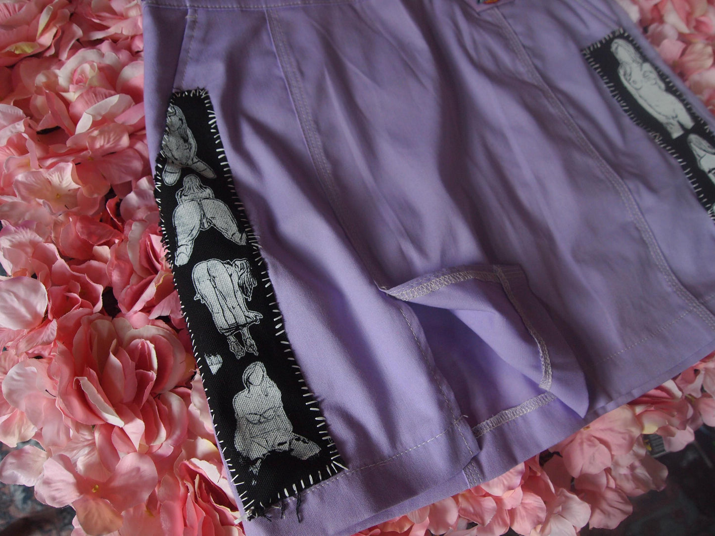 Patched Lilac Purple Dickies Skater Skirt Sz 27 Queer Figure Illustrations Pinup Nude Art Patches