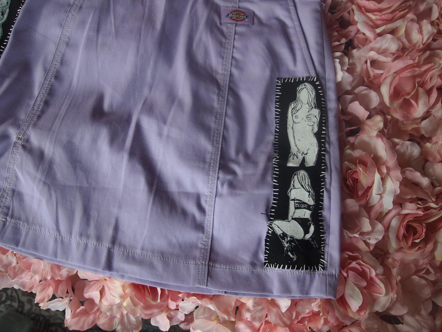 Patched Lilac Purple Dickies Skater Skirt Sz 27 Queer Figure Illustrations Pinup Nude Art Patches