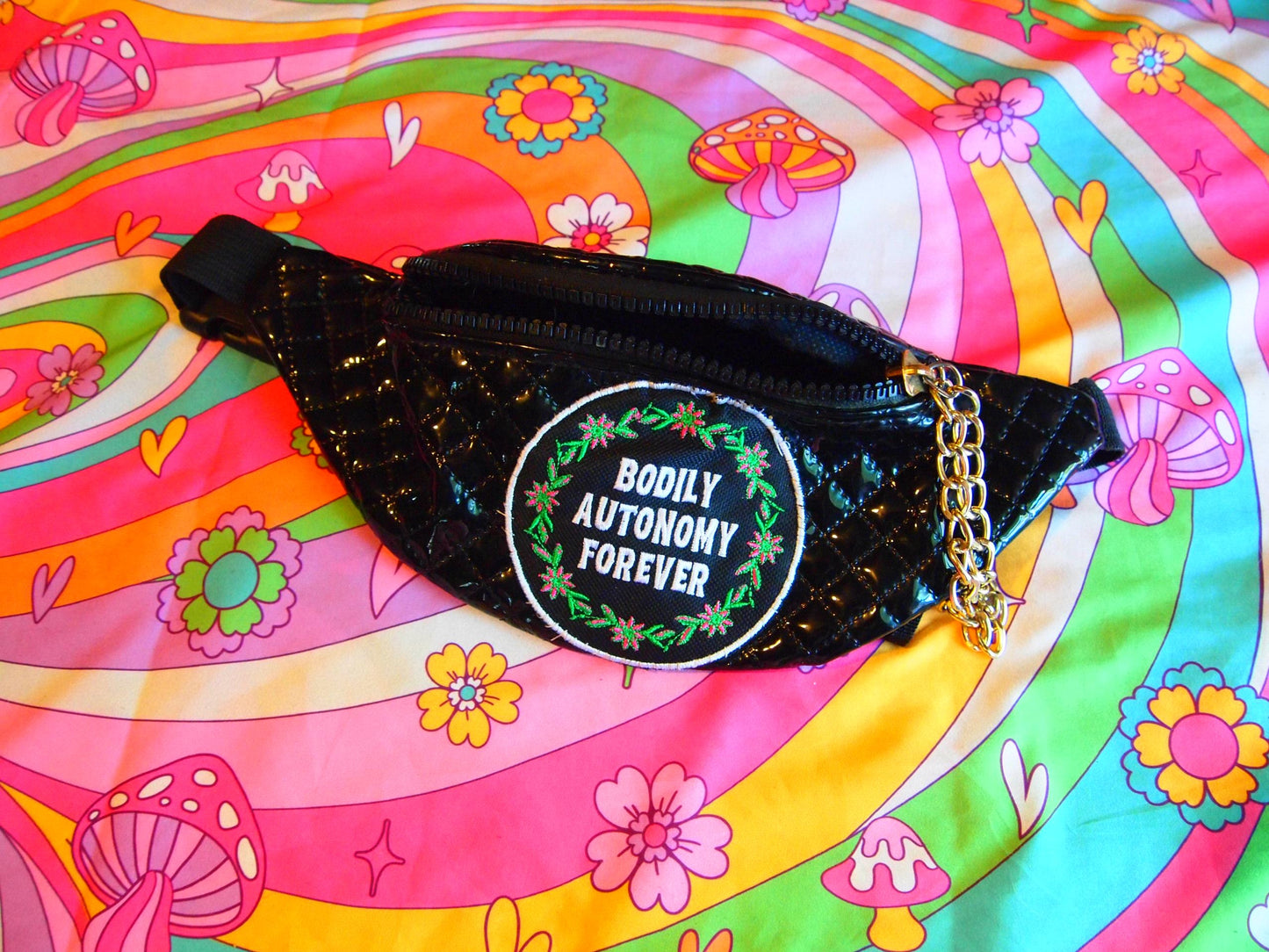 Embroidered "Bodily Autonomy Forever" Black Fanny Pack w/ Chain Zipper