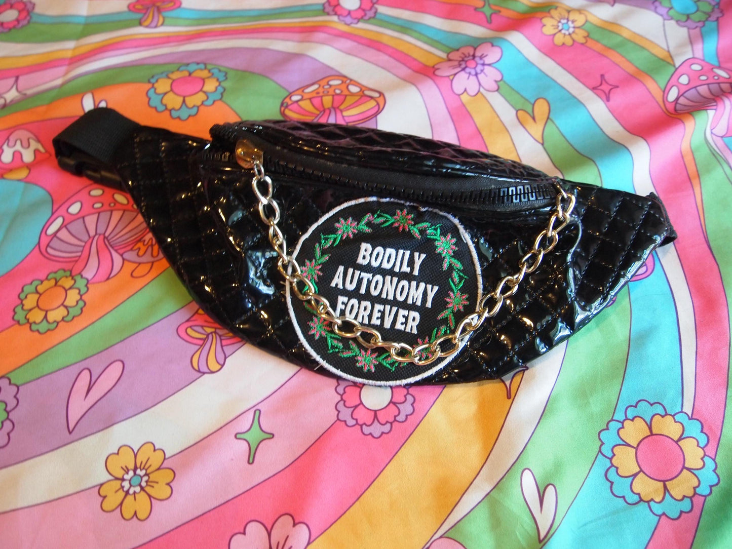 Embroidered "Bodily Autonomy Forever" Black Fanny Pack w/ Chain Zipper