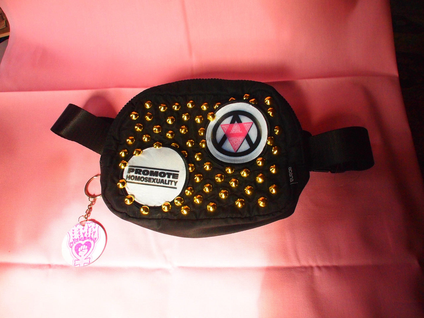 Studded & Patched Queer Punk Fanny Pack Side Crossbody Bag – “Promote Homosexuality” Queer Anarchism Pink Triangle Circle A Gold Studded