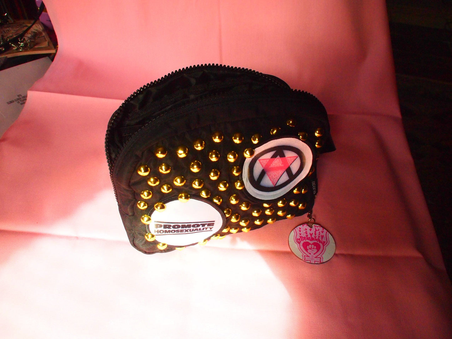 Studded & Patched Queer Punk Fanny Pack Side Crossbody Bag – “Promote Homosexuality” Queer Anarchism Pink Triangle Circle A Gold Studded
