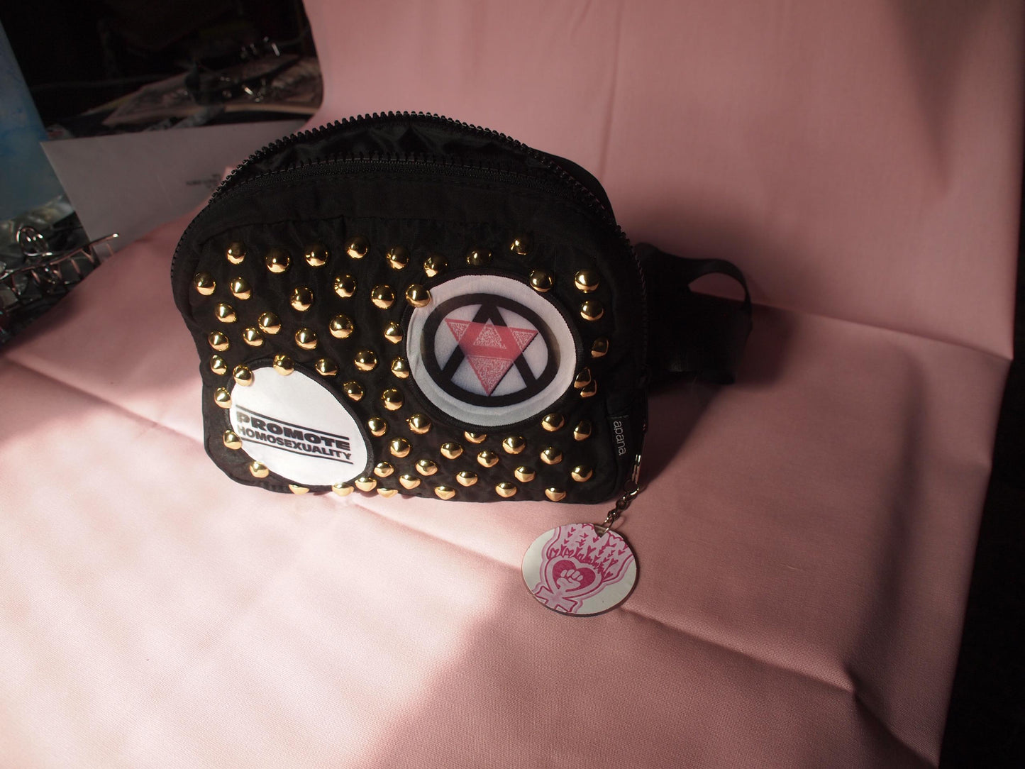 Studded & Patched Queer Punk Fanny Pack Side Crossbody Bag – “Promote Homosexuality” Queer Anarchism Pink Triangle Circle A Gold Studded