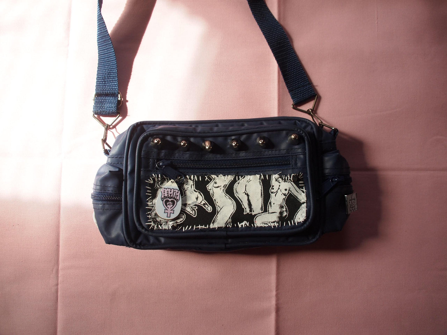 Vintage Studded Pinup Punk Patched Navy Blue Crossbody Bag Fanny Pack - Queer Art Female Nude Illustration Erotica