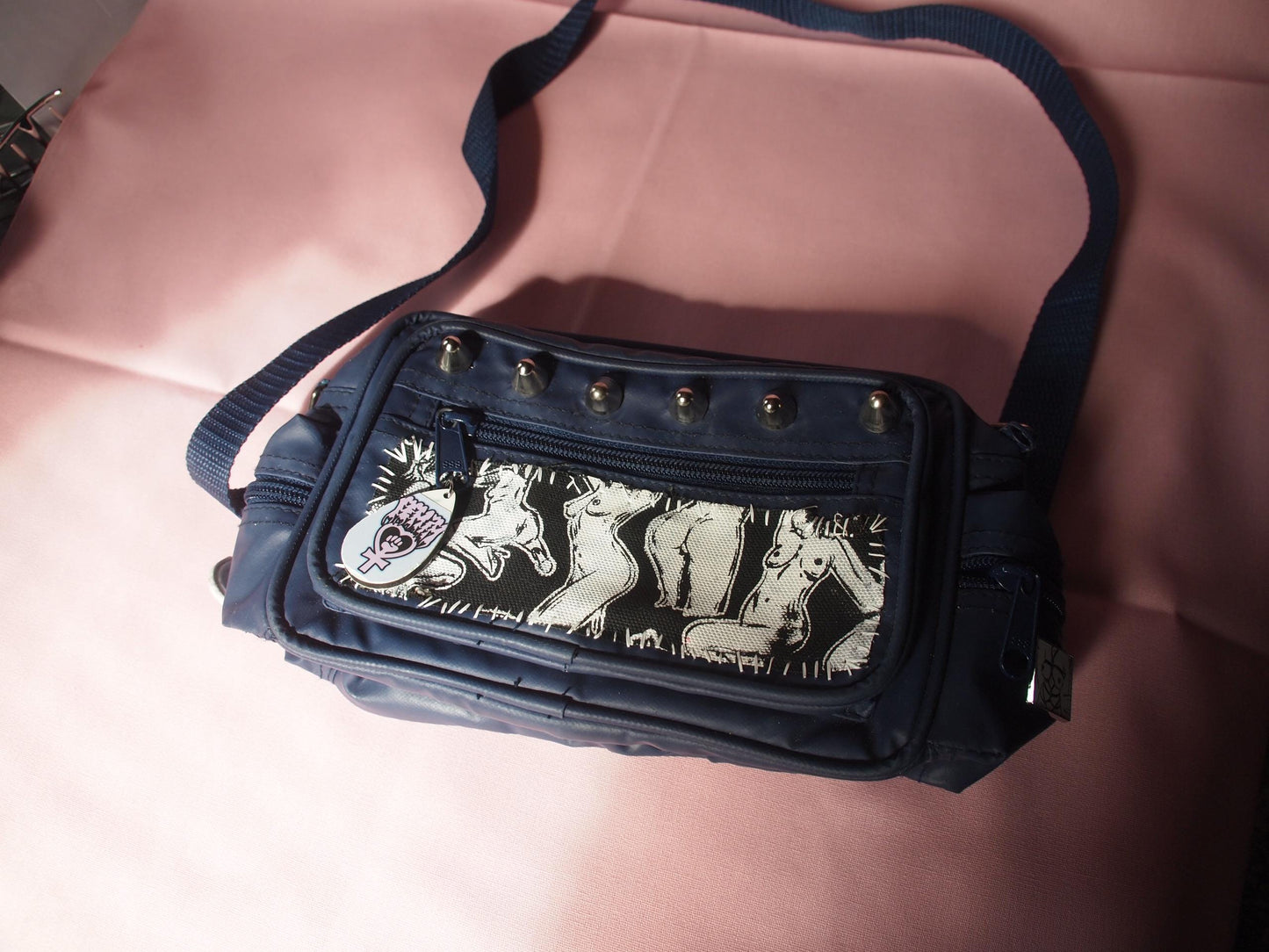 Vintage Studded Pinup Punk Patched Navy Blue Crossbody Bag Fanny Pack - Queer Art Female Nude Illustration Erotica