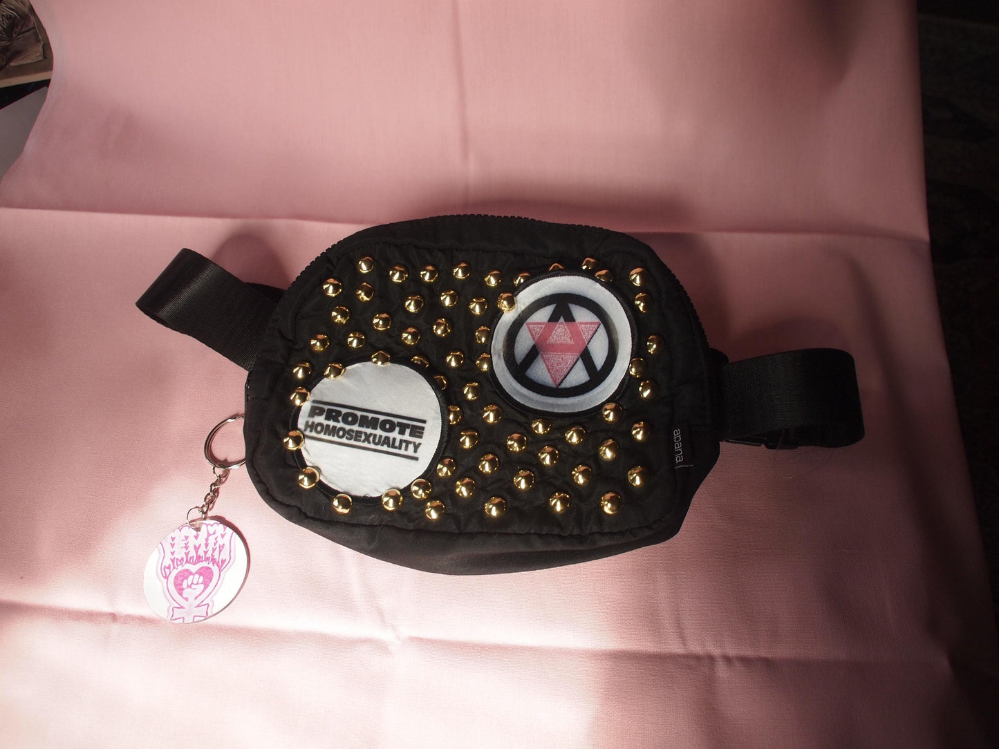 Studded & Patched Queer Punk Fanny Pack Side Crossbody Bag – “Promote Homosexuality” Queer Anarchism Pink Triangle Circle A Gold Studded