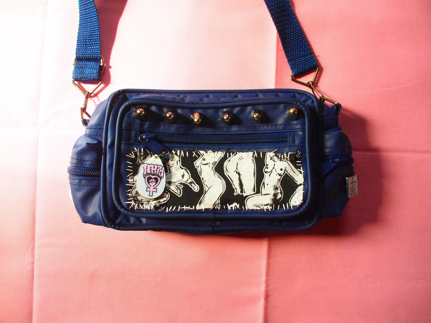 Vintage Studded Pinup Punk Patched Navy Blue Crossbody Bag Fanny Pack - Queer Art Female Nude Illustration Erotica