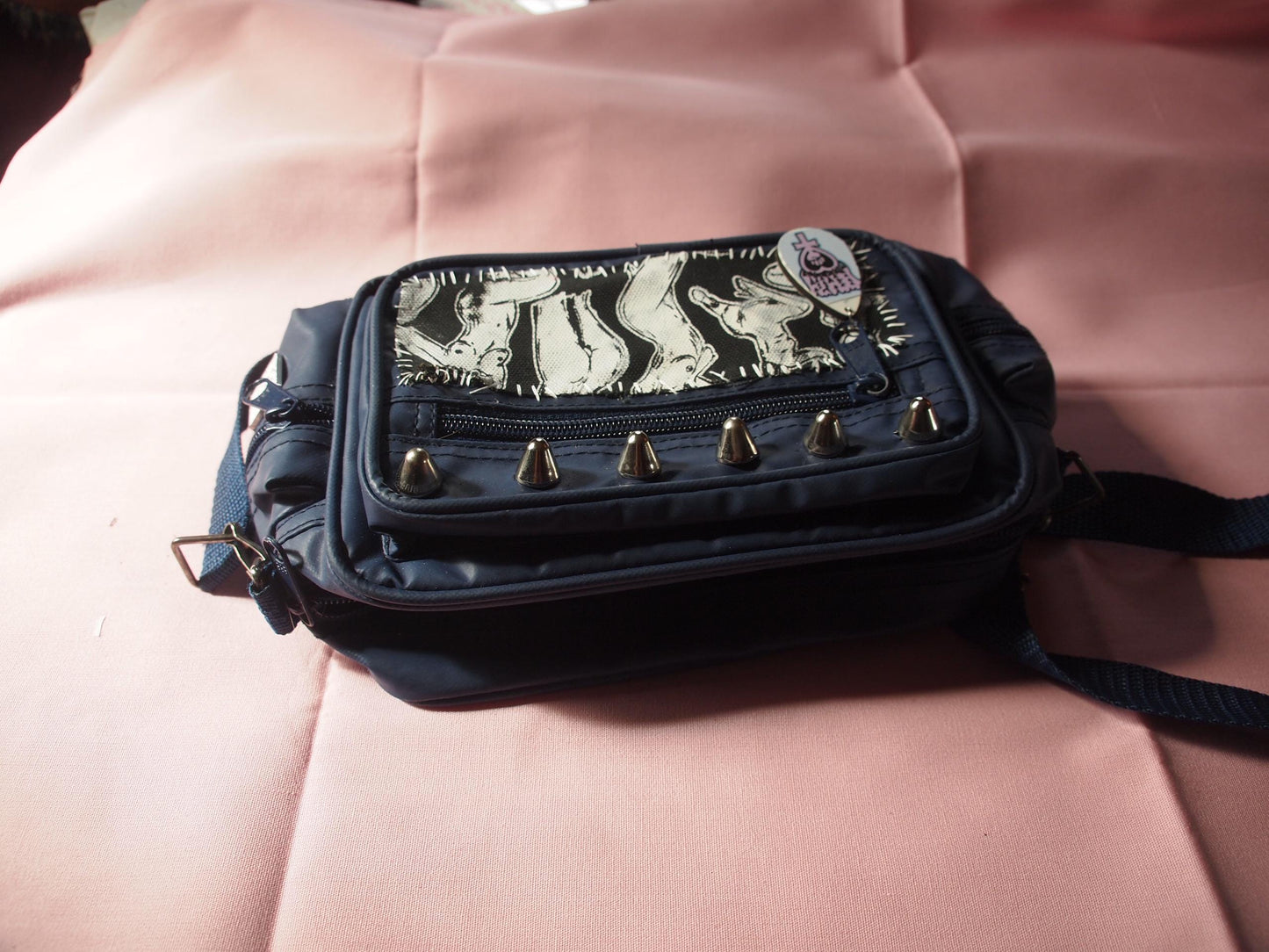 Vintage Studded Pinup Punk Patched Navy Blue Crossbody Bag Fanny Pack - Queer Art Female Nude Illustration Erotica