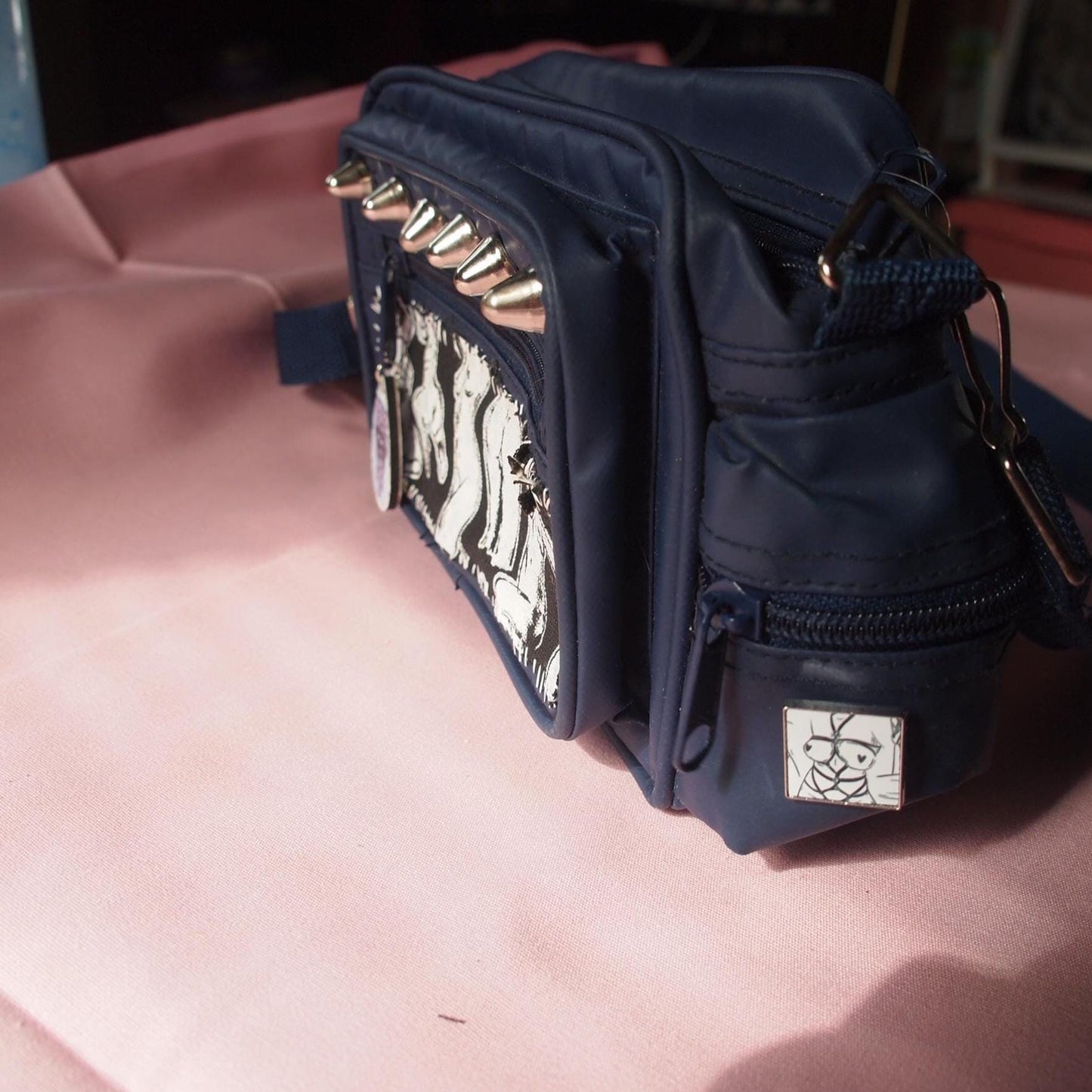 Vintage Studded Pinup Punk Patched Navy Blue Crossbody Bag Fanny Pack - Queer Art Female Nude Illustration Erotica