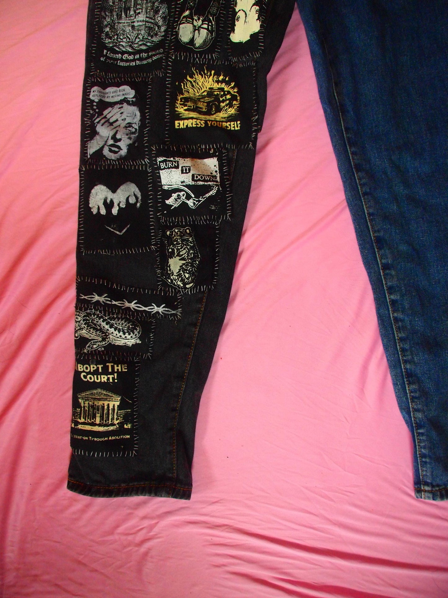 Crust Punk Patched Jeans, Upcycled Black & Blue Denim, Size M