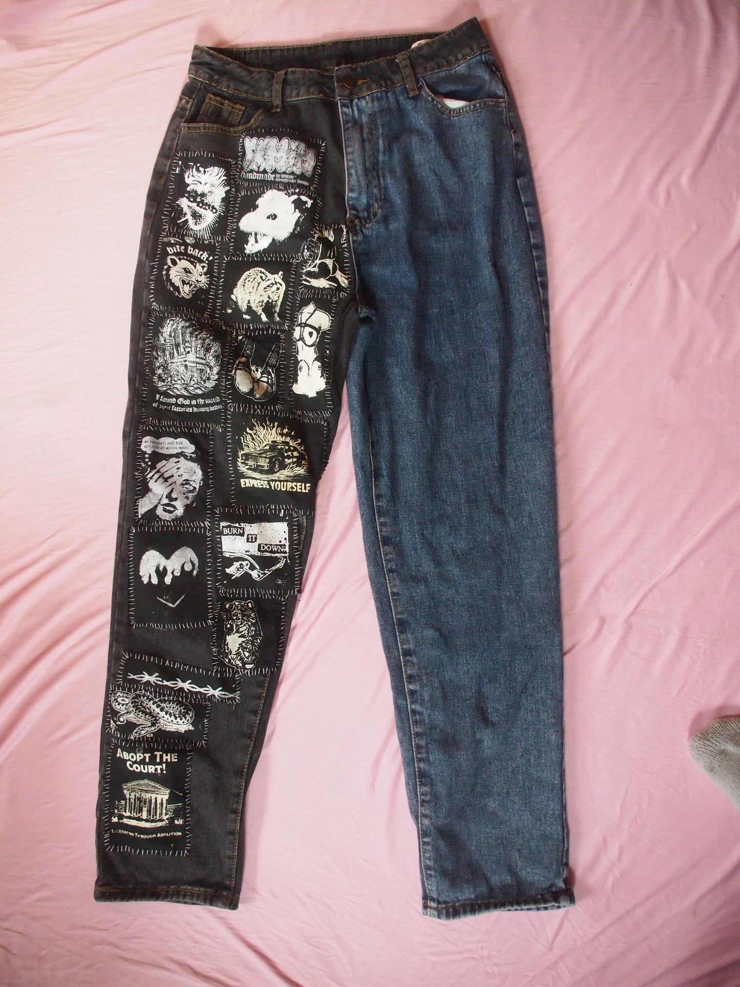 Crust Punk Patched Jeans, Upcycled Black & Blue Denim, Size M