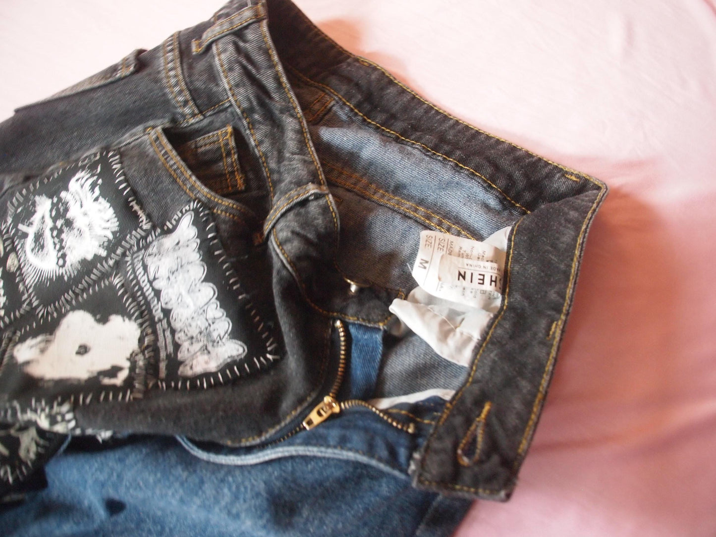 Crust Punk Patched Jeans, Upcycled Black & Blue Denim, Size M