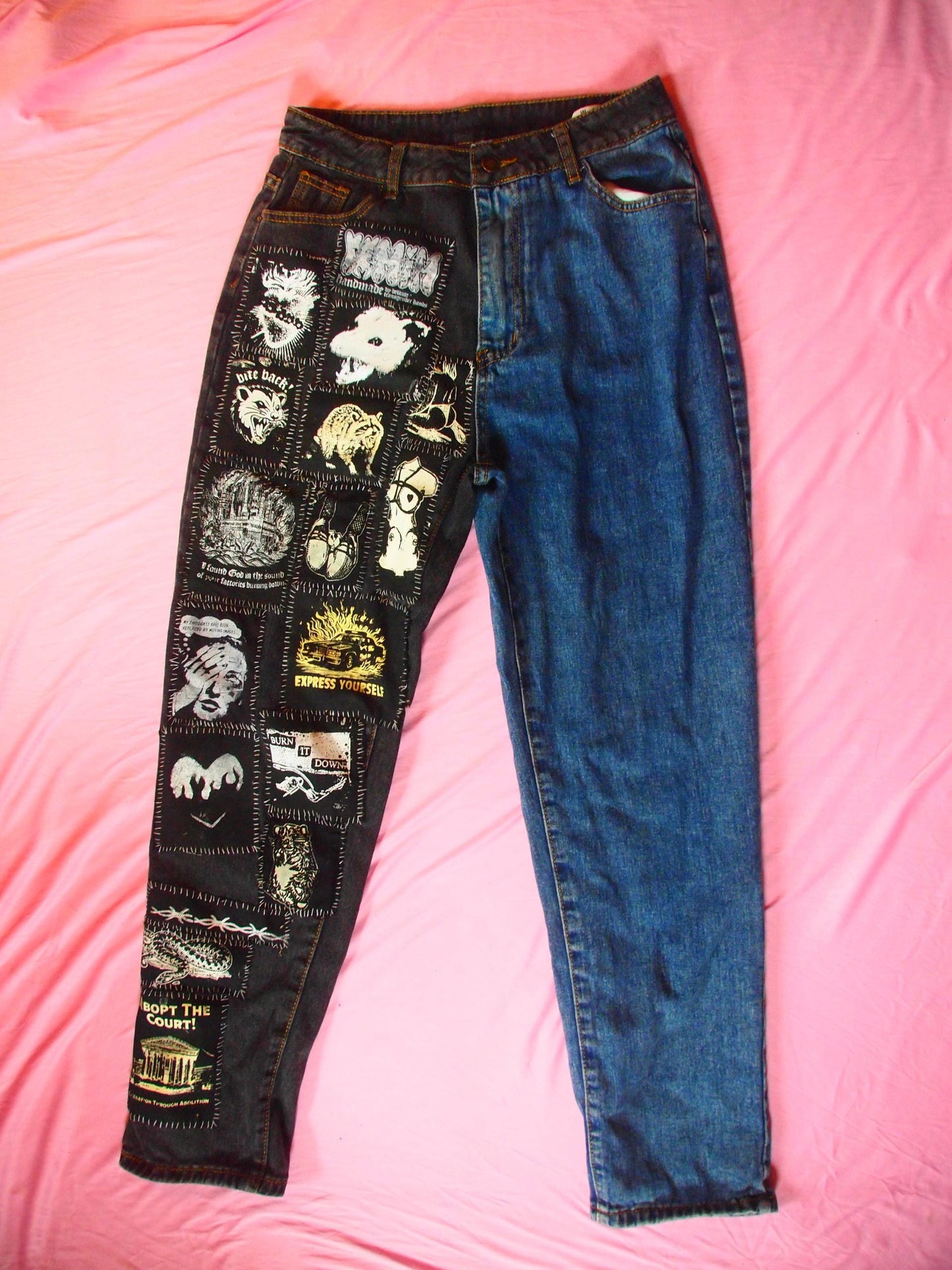 Crust Punk Patched Jeans, Upcycled Black & Blue Denim, Size M