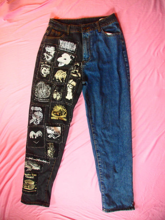 Crust Punk Patched Jeans, Upcycled Black & Blue Denim, Size M