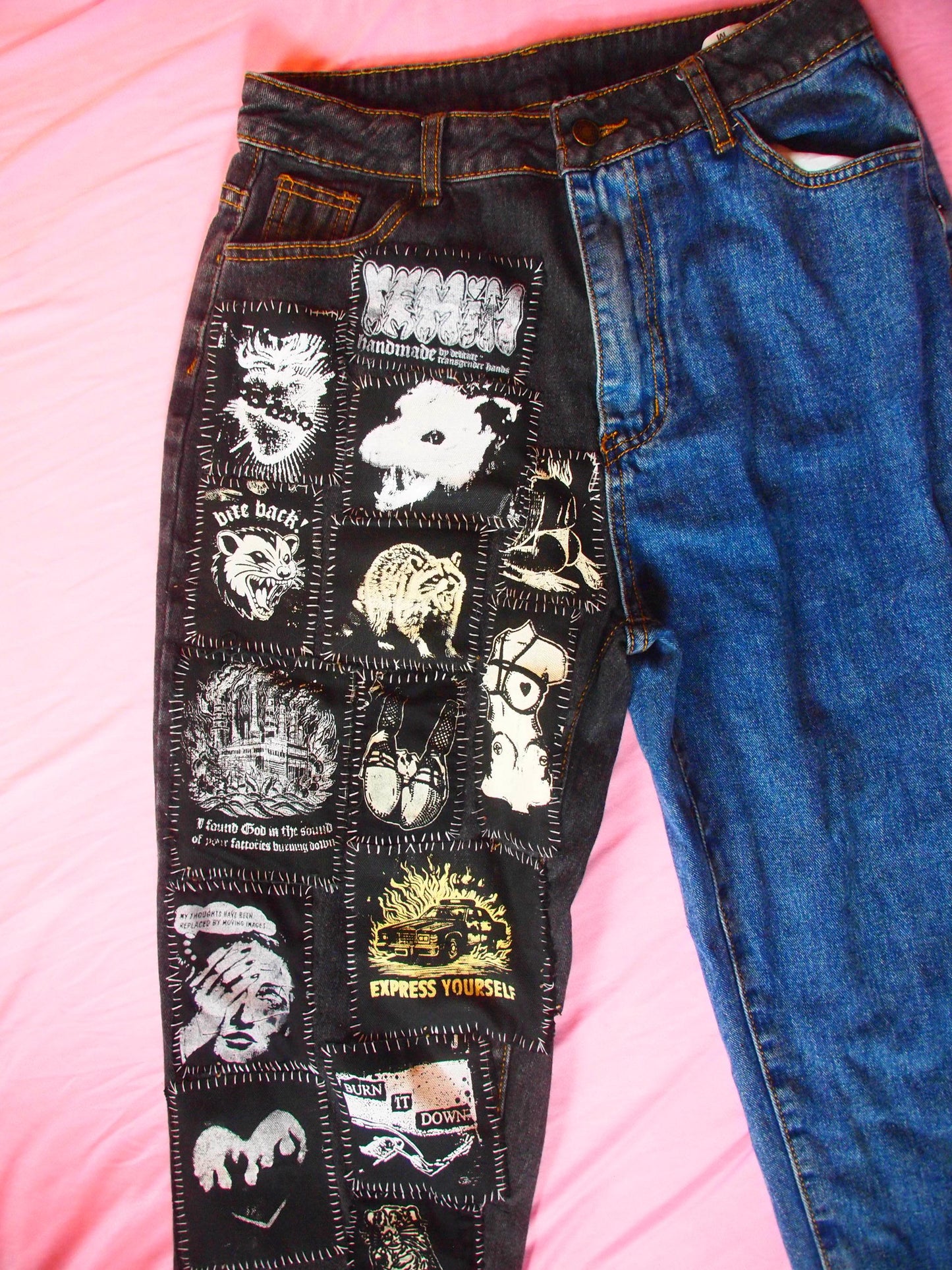 Crust Punk Patched Jeans, Upcycled Black & Blue Denim, Size M
