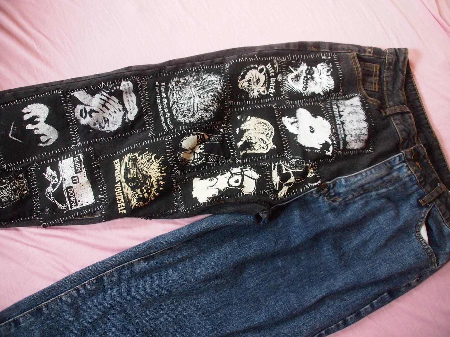 Crust Punk Patched Jeans, Upcycled Black & Blue Denim, Size M
