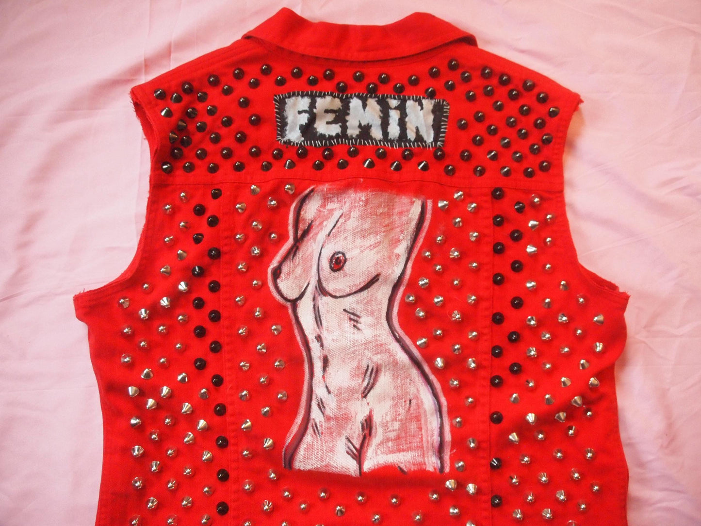 BOOBIE BABE Red and Black Hand Painted Punk Vest - Lesbian Queer Art Nude Female Body Sapphic Sz M