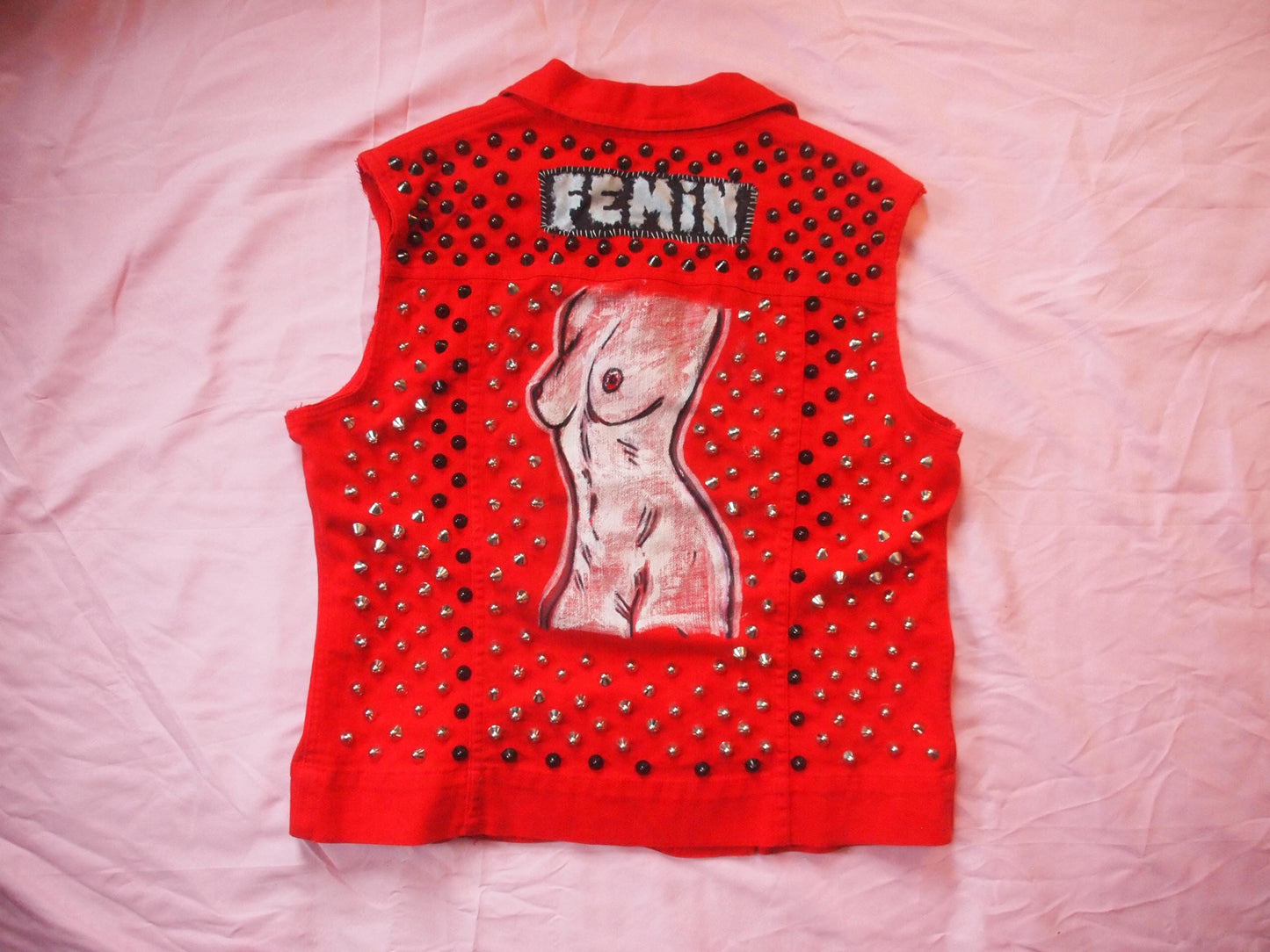 BOOBIE BABE Red and Black Hand Painted Punk Vest - Lesbian Queer Art Nude Female Body Sapphic Sz M
