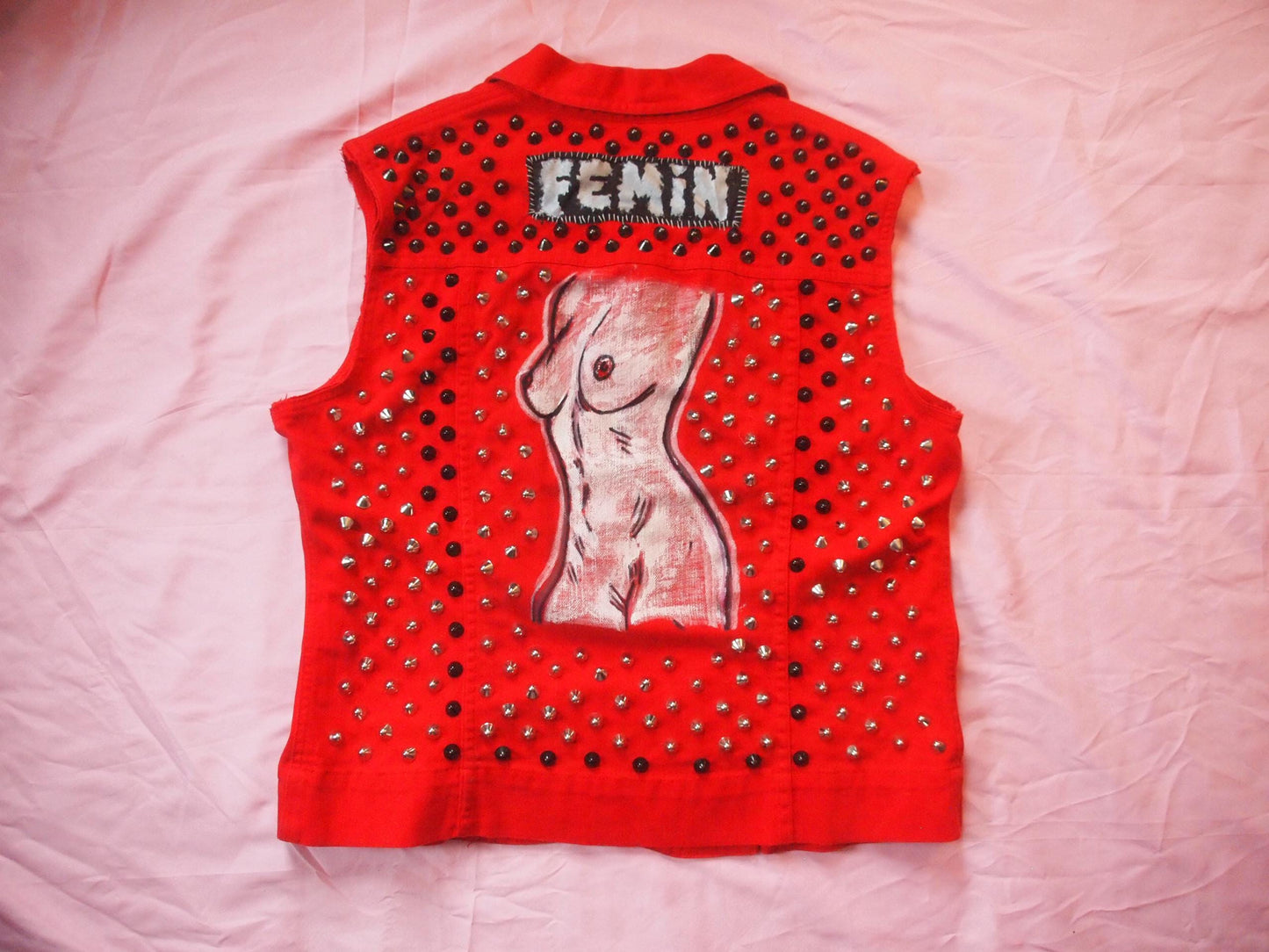 BOOBIE BABE Red and Black Hand Painted Punk Vest - Lesbian Queer Art Nude Female Body Sapphic Sz M