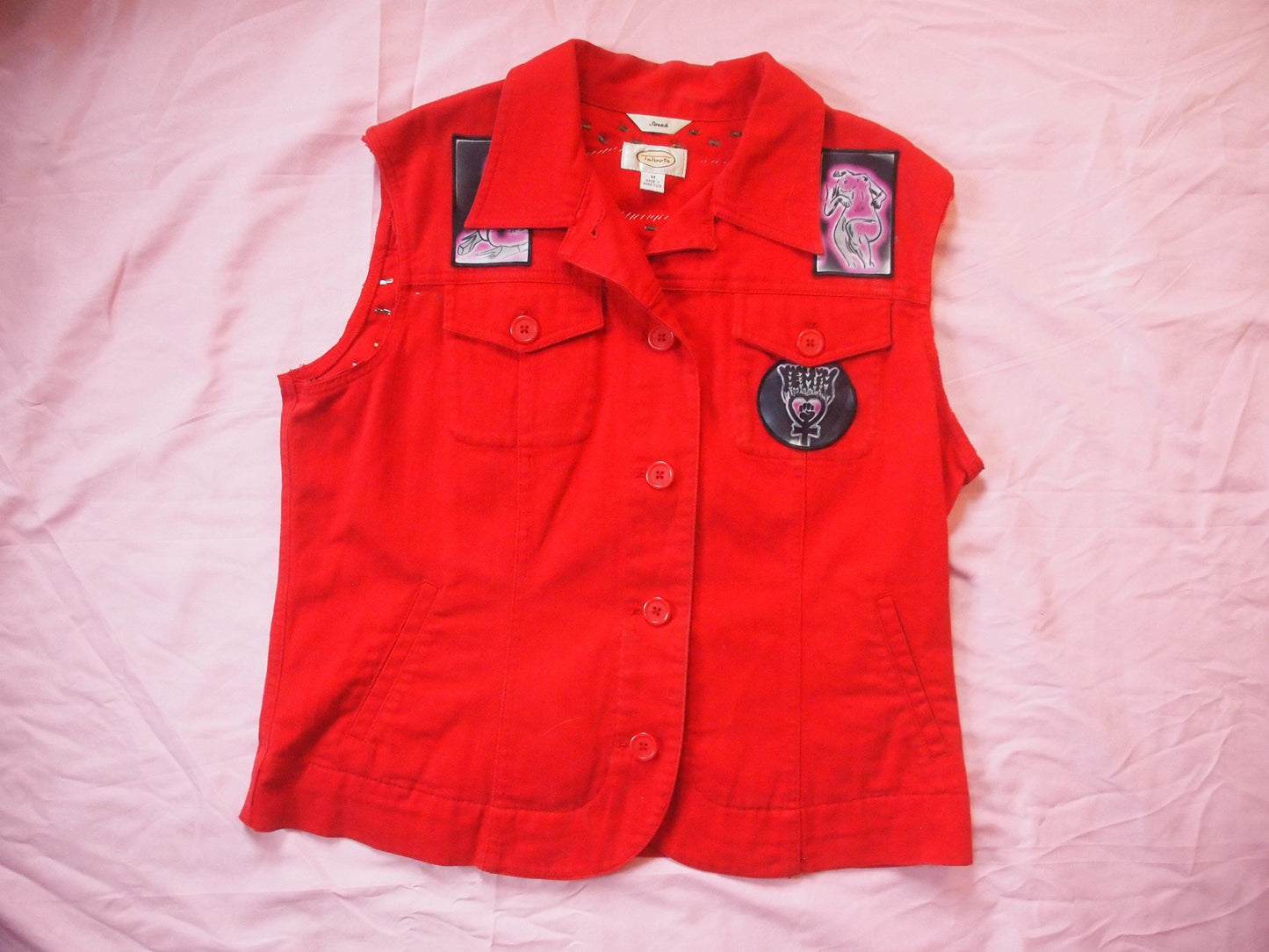 BOOBIE BABE Red and Black Hand Painted Punk Vest - Lesbian Queer Art Nude Female Body Sapphic Sz M