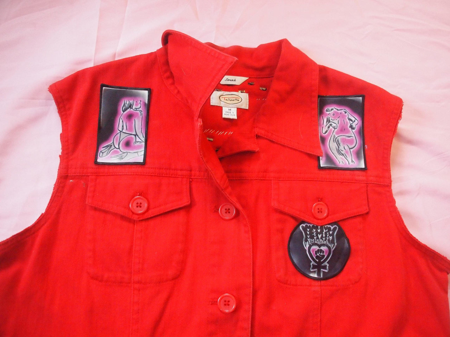 BOOBIE BABE Red and Black Hand Painted Punk Vest - Lesbian Queer Art Nude Female Body Sapphic Sz M