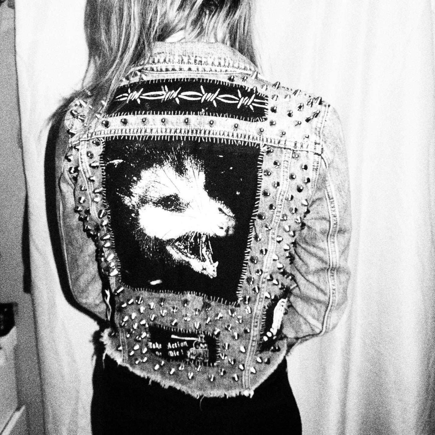 POSSUM PUNX Studded & Patched Punk Denim Jacket Sz M Lucky Brand Custom