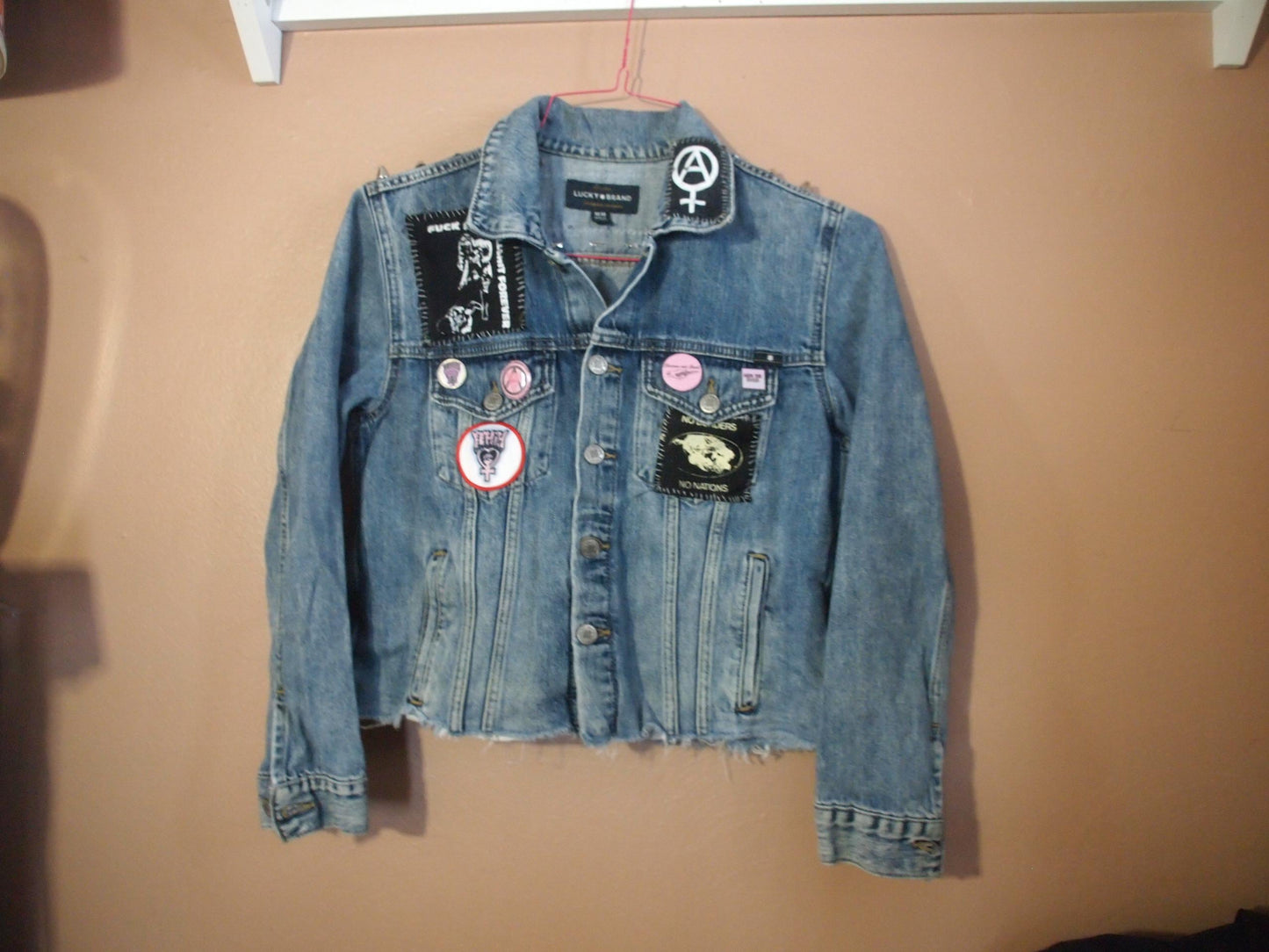 POSSUM PUNX Studded & Patched Punk Denim Jacket Sz M Lucky Brand Custom
