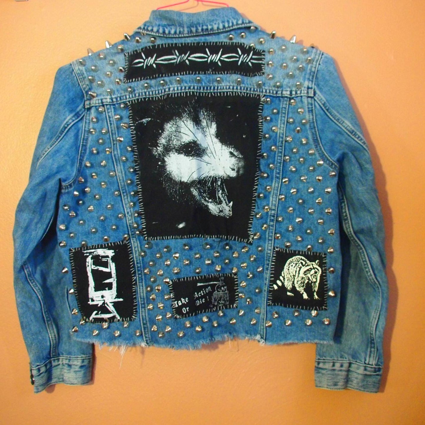 POSSUM PUNX Studded & Patched Punk Denim Jacket Sz M Lucky Brand Custom