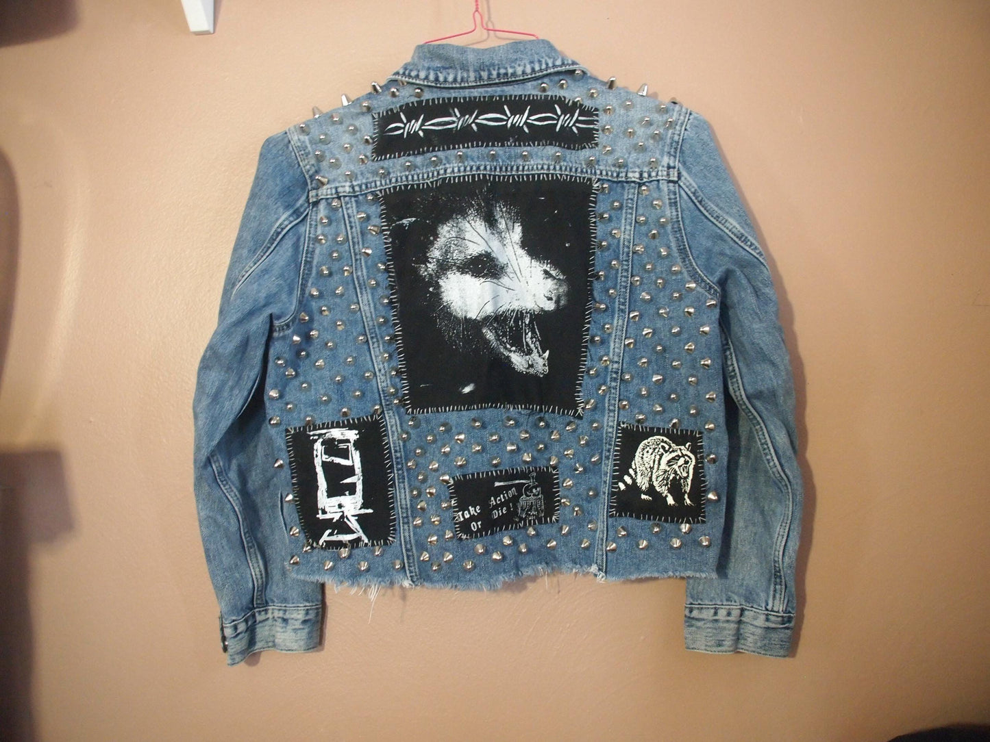 POSSUM PUNX Studded & Patched Punk Denim Jacket Sz M Lucky Brand Custom