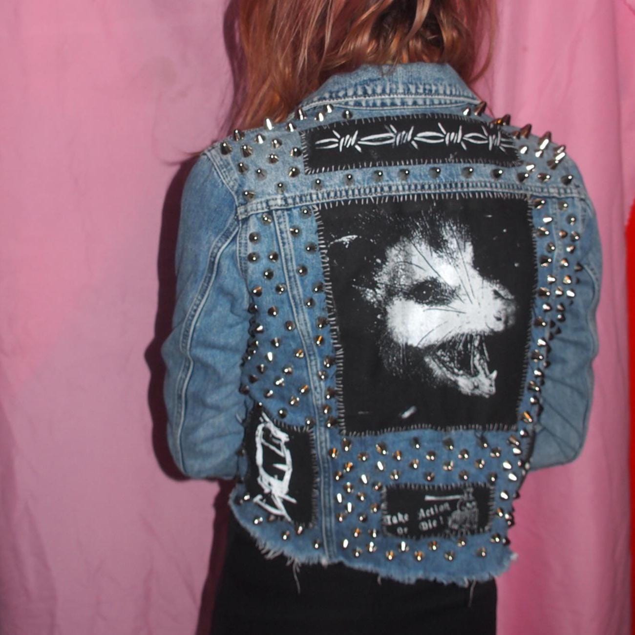 POSSUM PUNX Studded & Patched Punk Denim Jacket Sz M Lucky Brand Custom