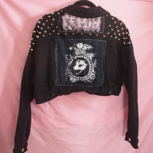 Possum Punk Patched/Studded Black Cropped Denim Jacket Sz M
