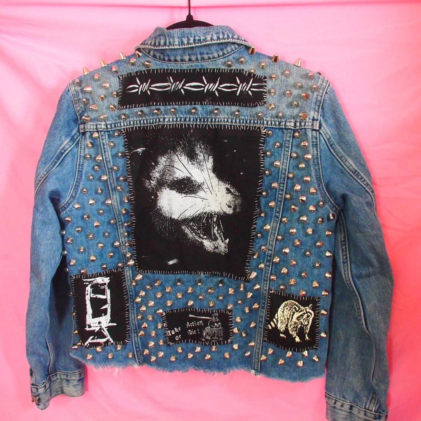 POSSUM PUNX Studded & Patched Punk Denim Jacket Sz M Lucky Brand Custom