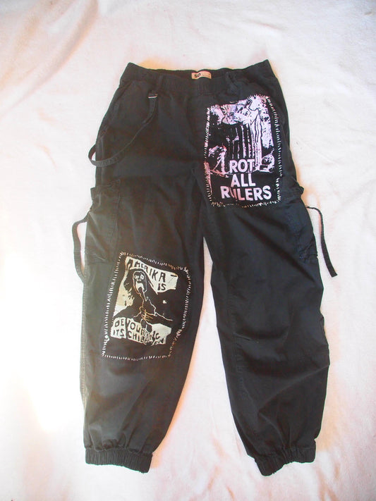 Patched Black Cargo Crust Punk Pants Sz M Bondage Straps - “Rot All Rulers”, “Amerika is Devouring its Children”