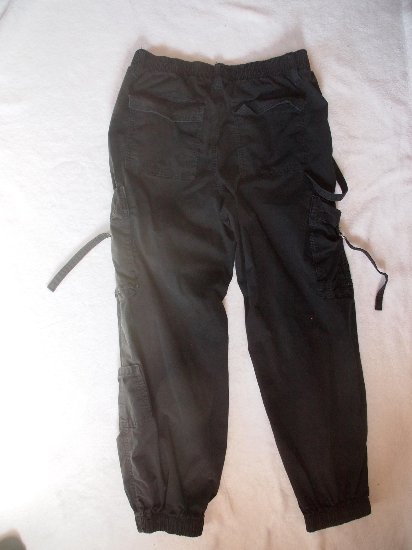Patched Black Cargo Crust Punk Pants Sz M Bondage Straps - “Rot All Rulers”, “Amerika is Devouring its Children”