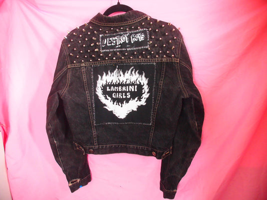Riot Grrrl Black Patched Studded Denim Jacket Sz M, Lambrini Girls / Destroy Boys, Bikini Kill, Bratmobile